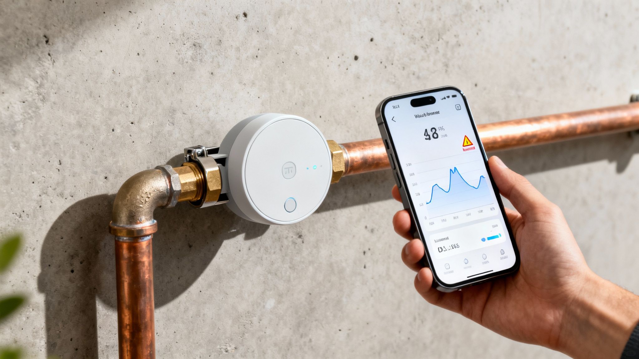 A smart water monitor attached to copper pipes on a concrete wall, with a phone displaying water usage data.