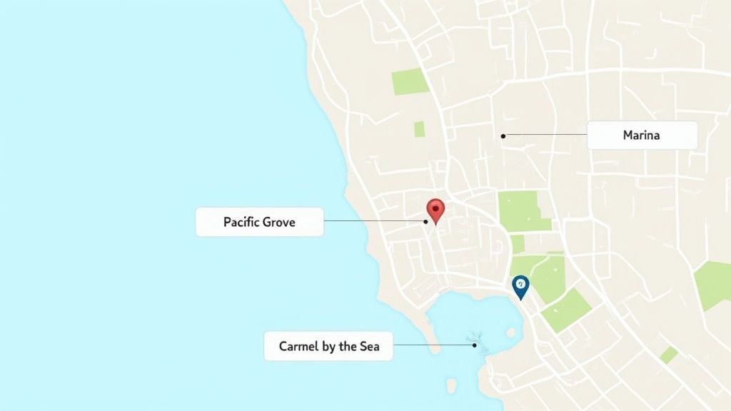 Map showing Pacific Grove, Marina, and Carmel by the Sea locations in Monterey Peninsula California