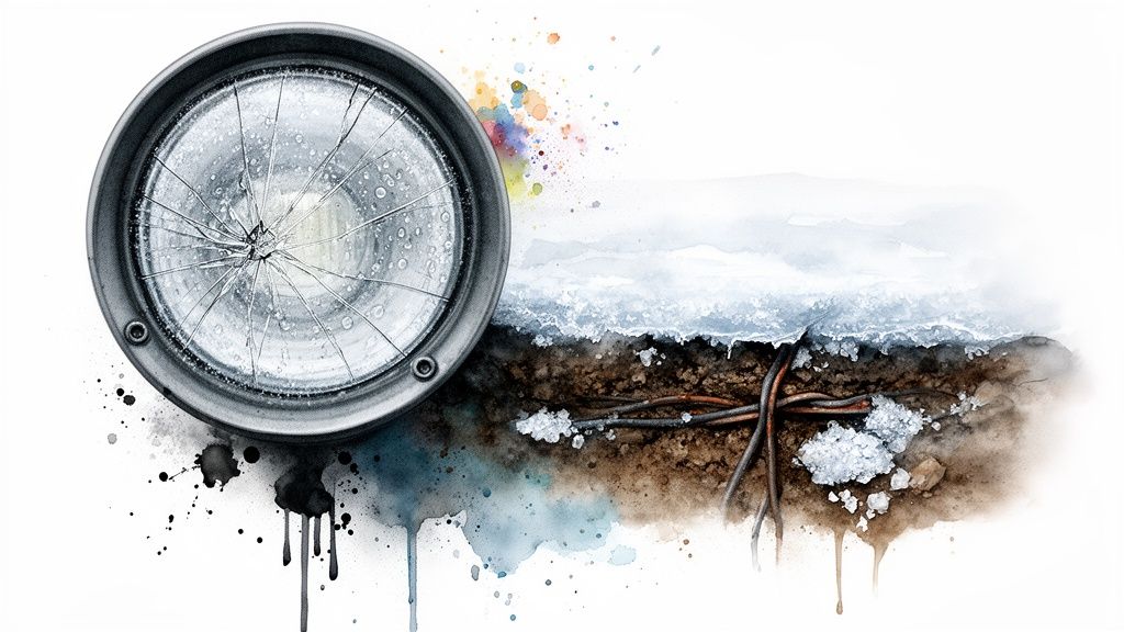 Watercolor illustration of a broken outdoor light and frozen ground with exposed wires.