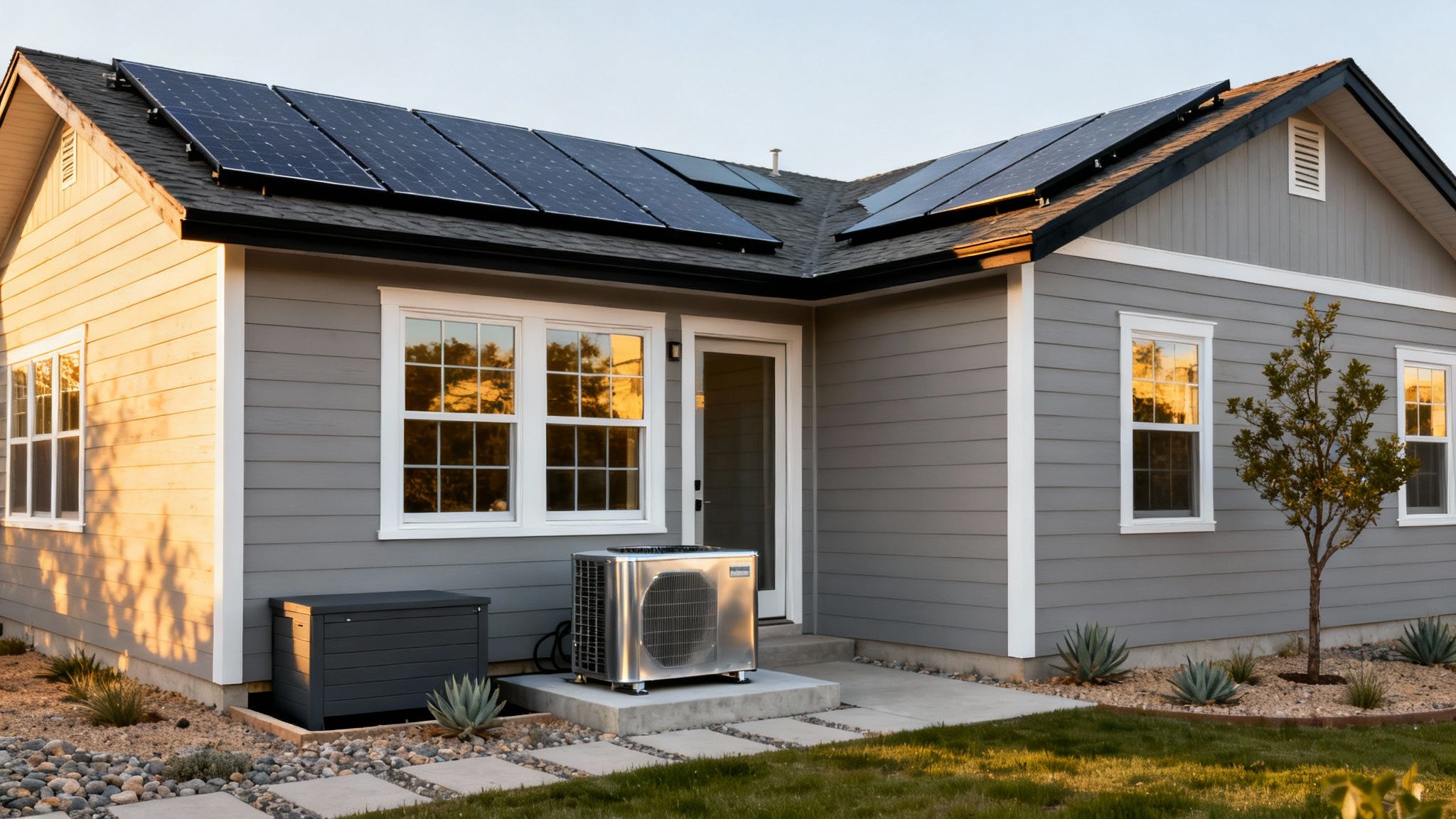Sustainable living: a gray house with solar panels, HVAC unit, and a xeriscaped front yard.