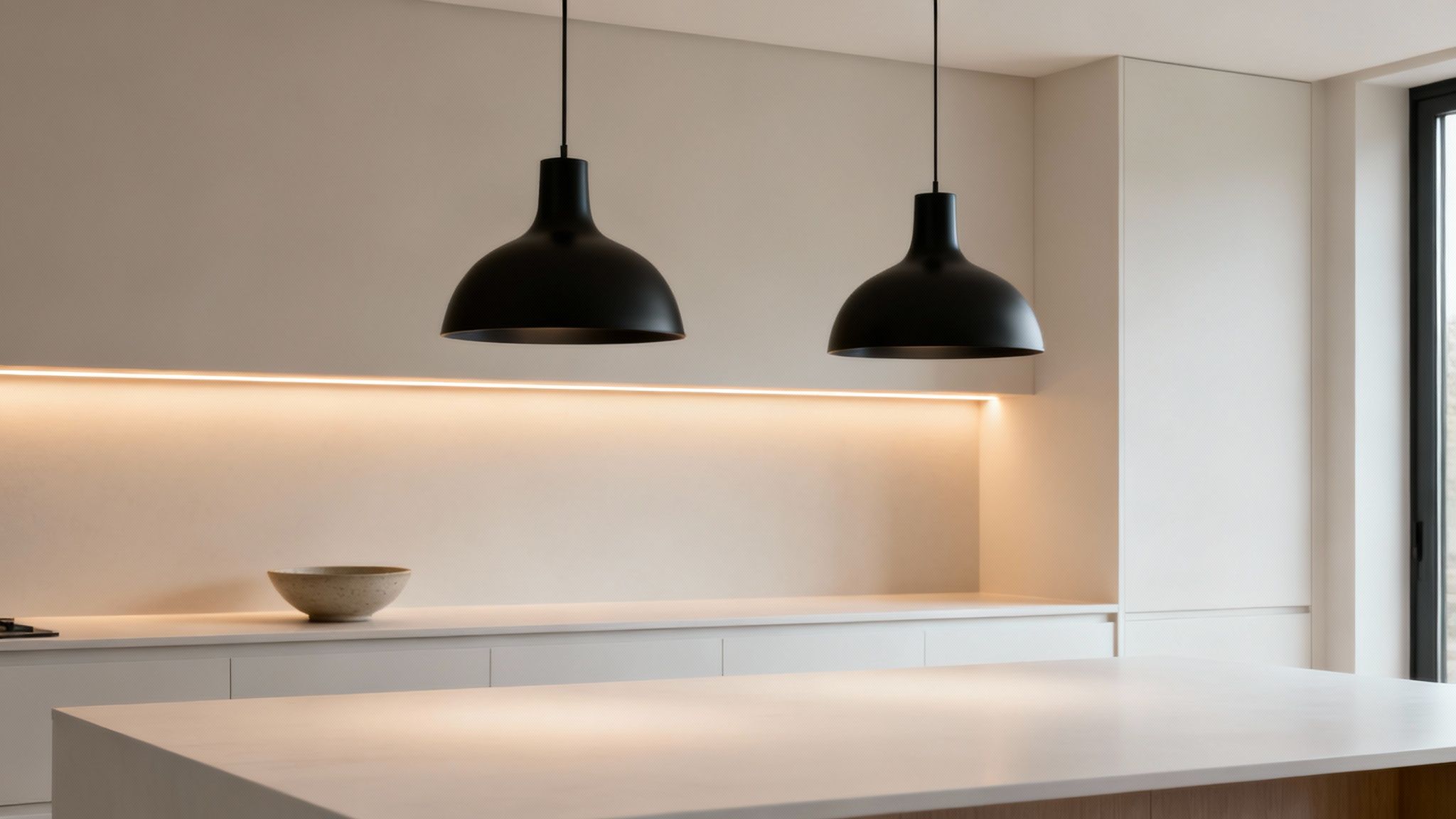 Modern kitchen with two black pendant lights, light countertops, a kitchen island, and warm under-cabinet lighting.
