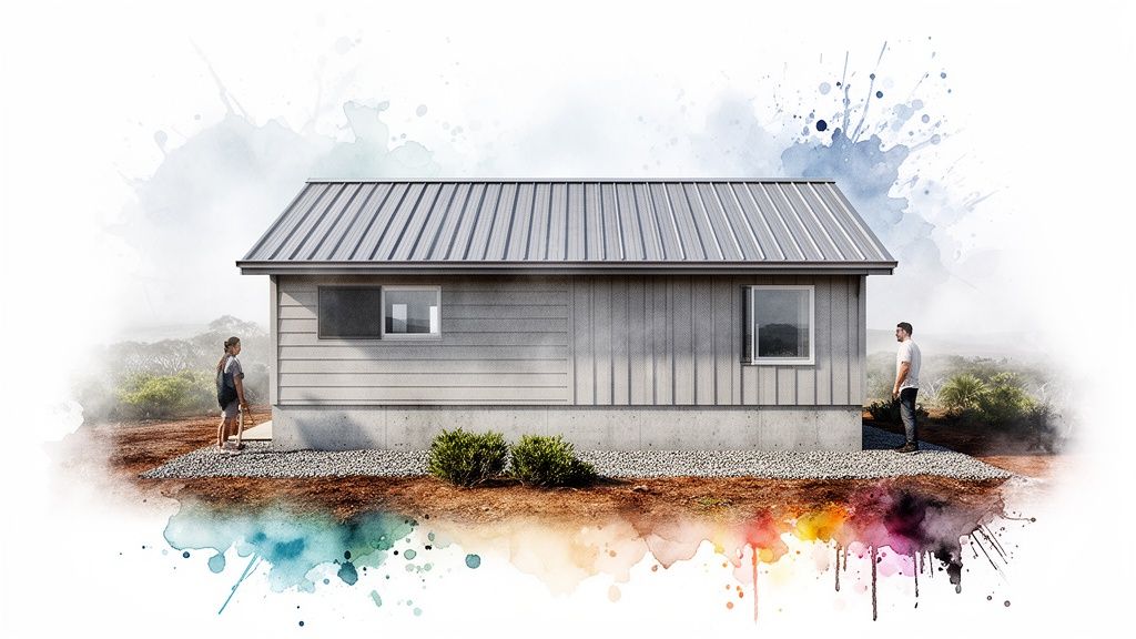 A small, modern gray house with a metal roof and two people standing outside, surrounded by a misty landscape and watercolor effects.