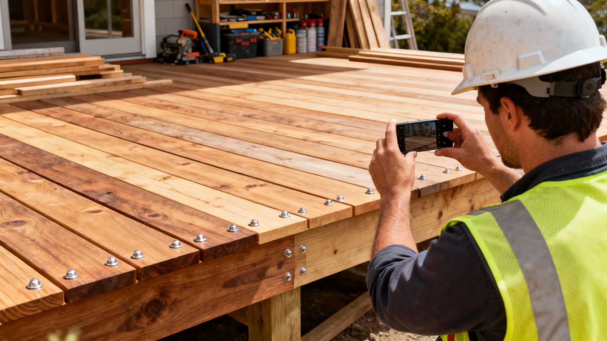 A detailed shot of various high-quality lumber planks stacked neatly, showcasing different wood grains and textures.