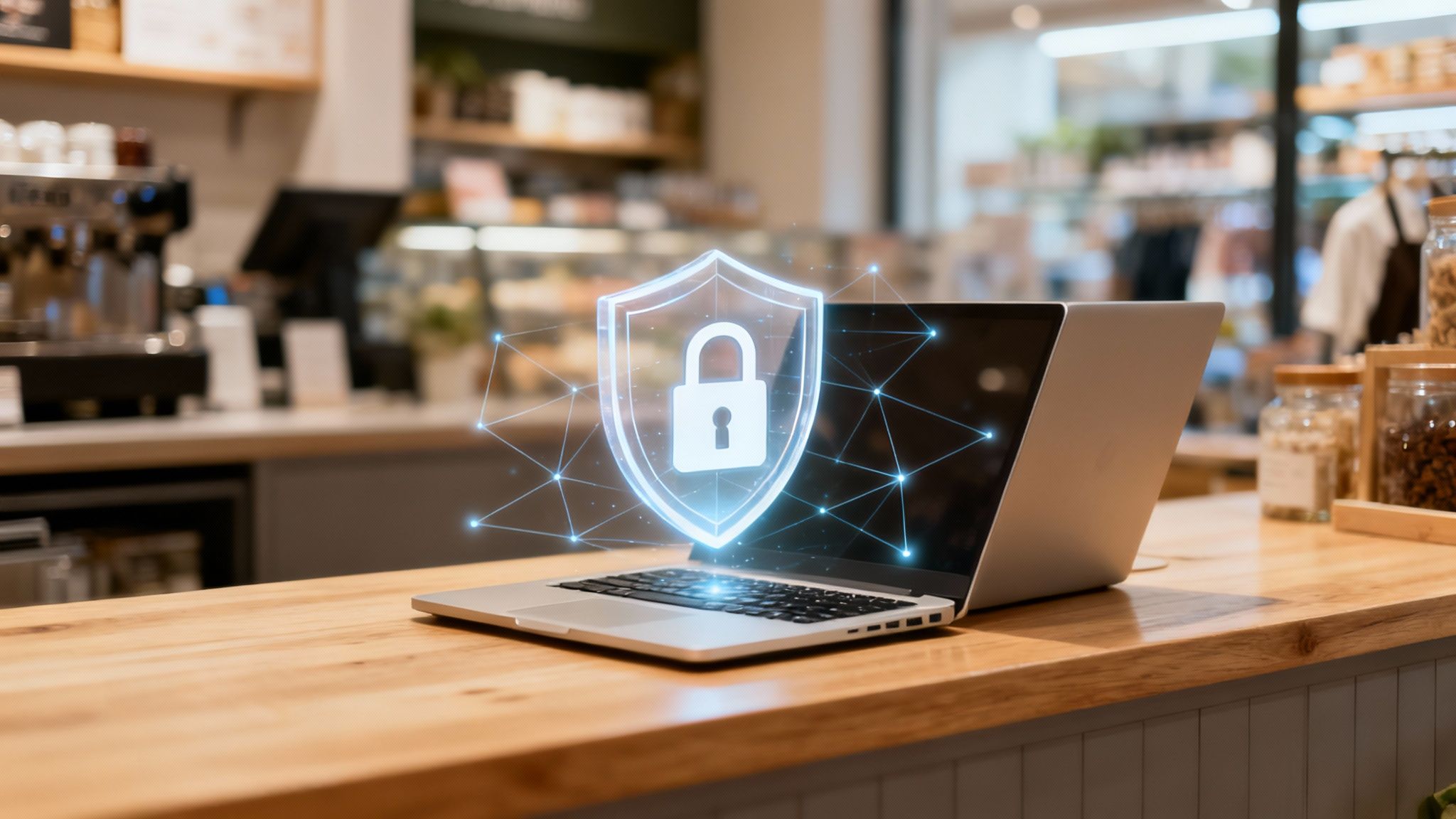 A laptop on a wooden counter displays a glowing blue security shield icon, emphasizing data protection.