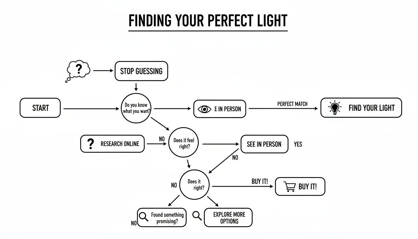 Flowchart diagram guiding users through steps to find their perfect light, from research to purchase.