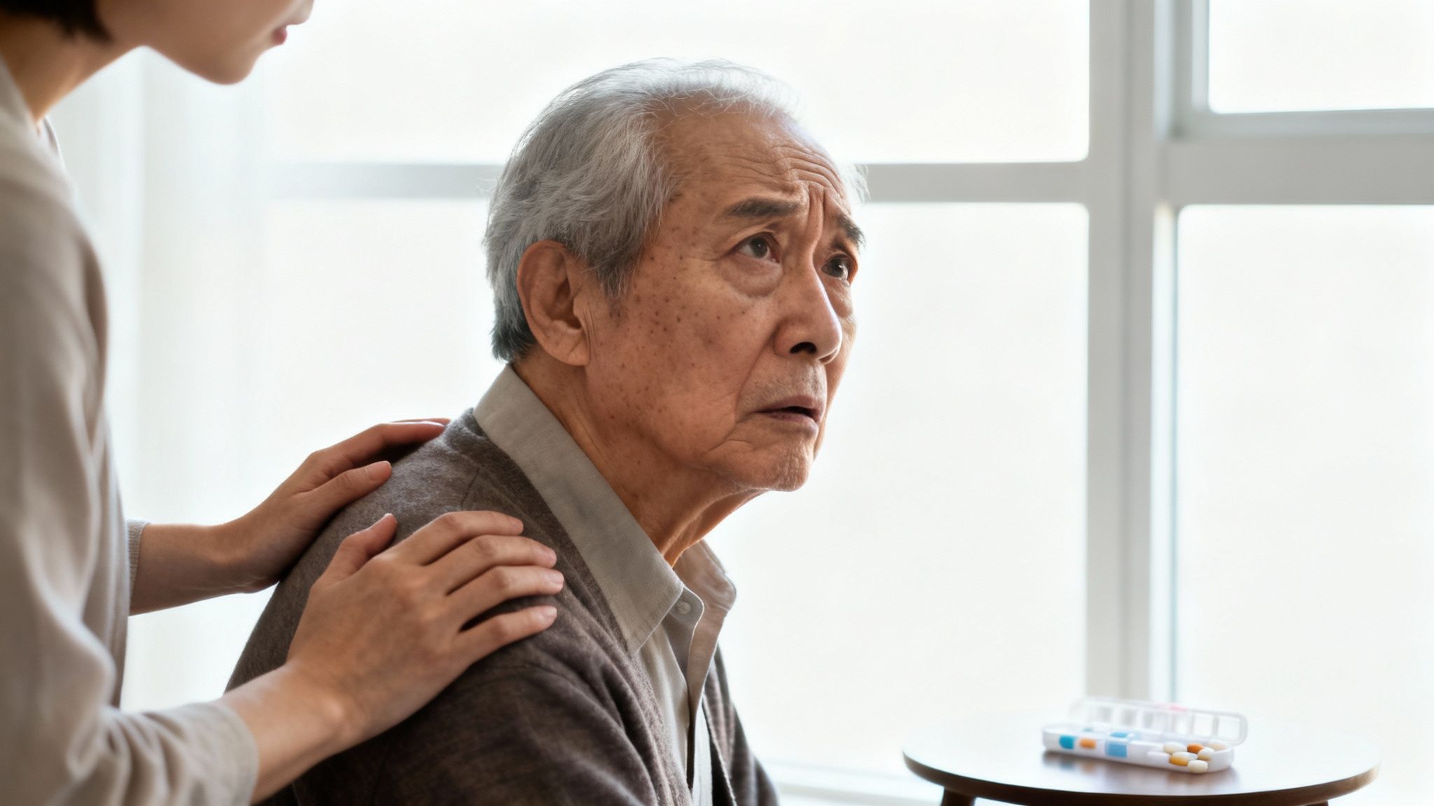 A distressed elderly Asian man receives comfort from a woman, with a pill organizer on a table.