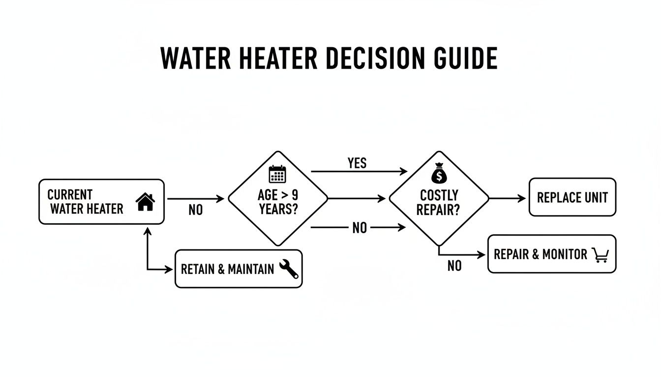 A flowchart guiding decisions on whether to repair, replace, or maintain a water heater.