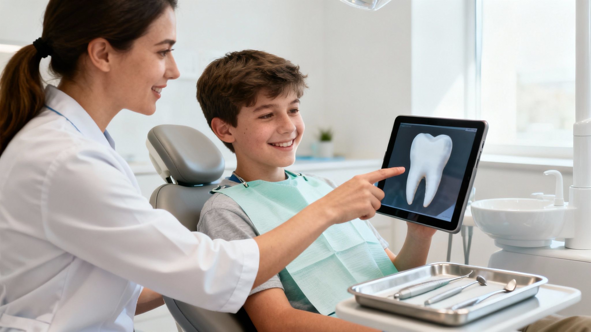 Smiling dentist shows a happy young boy a 3D tooth model on a tablet in a dental clinic.