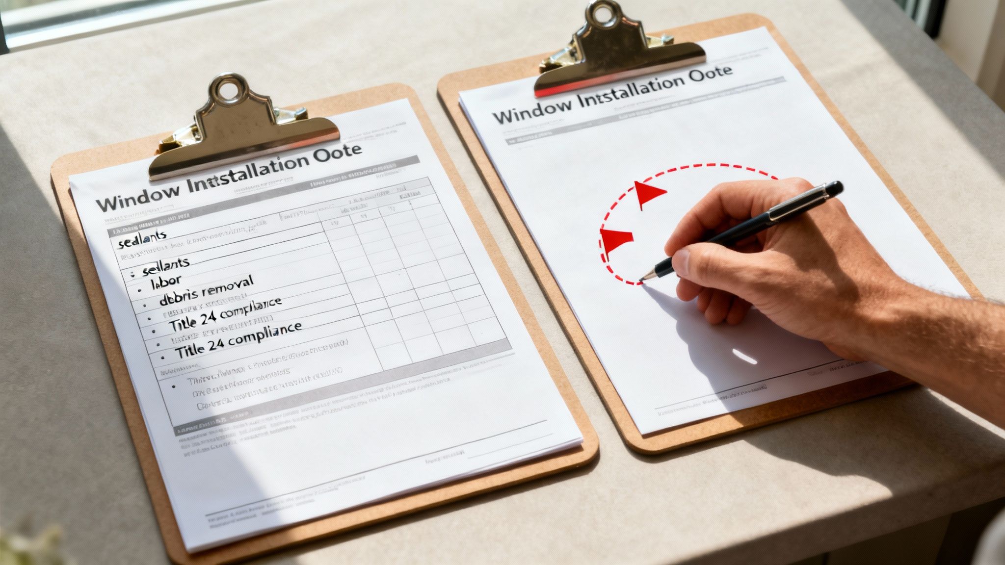 A person reviewing a detailed window installation quote on a clipboard.