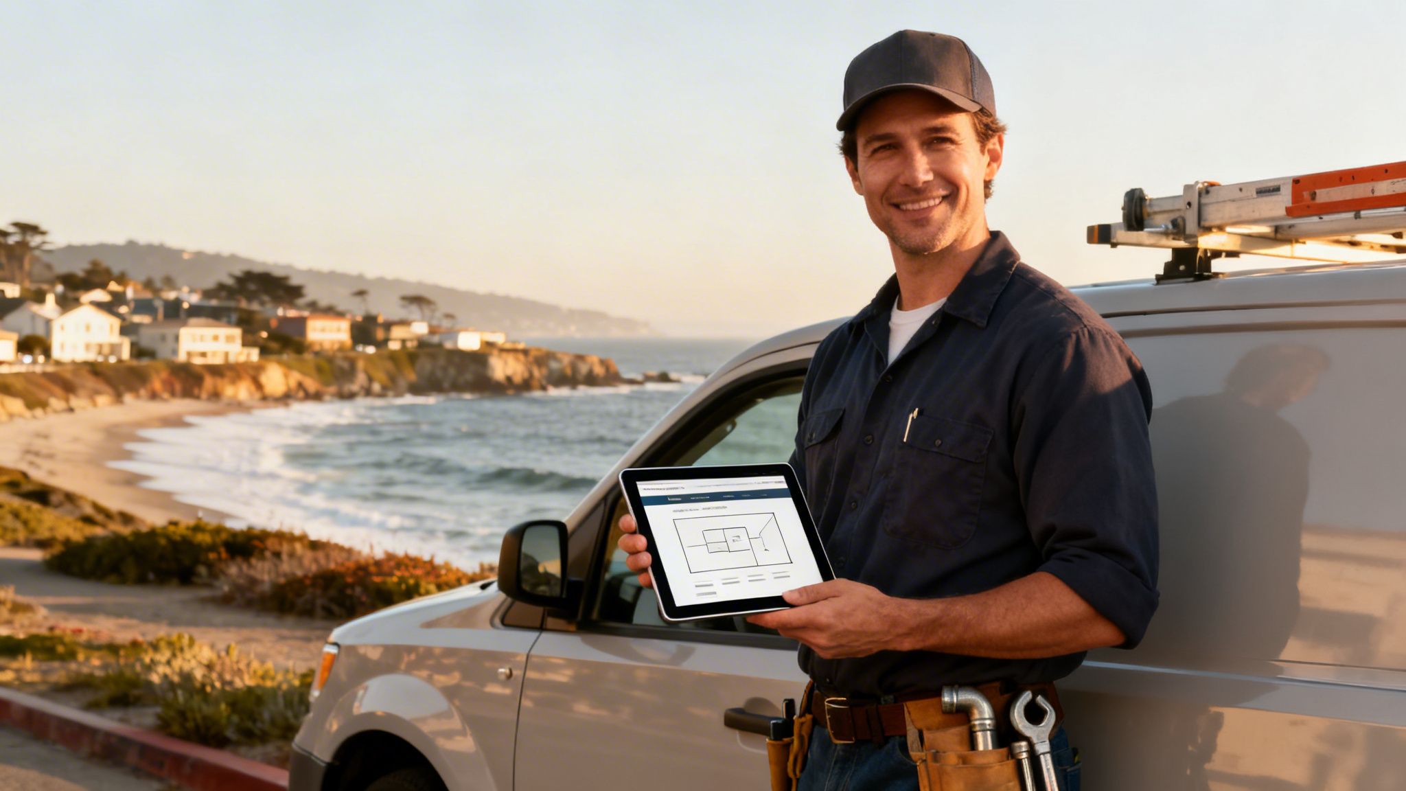 Smiling contractor holding a tablet with a floor plan, standing by his van at a scenic coast.