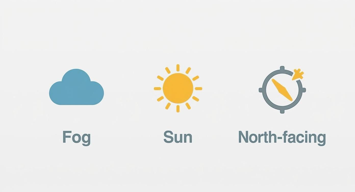 Three weather icons showing fog cloud, bright sun, and compass with north direction indicator
