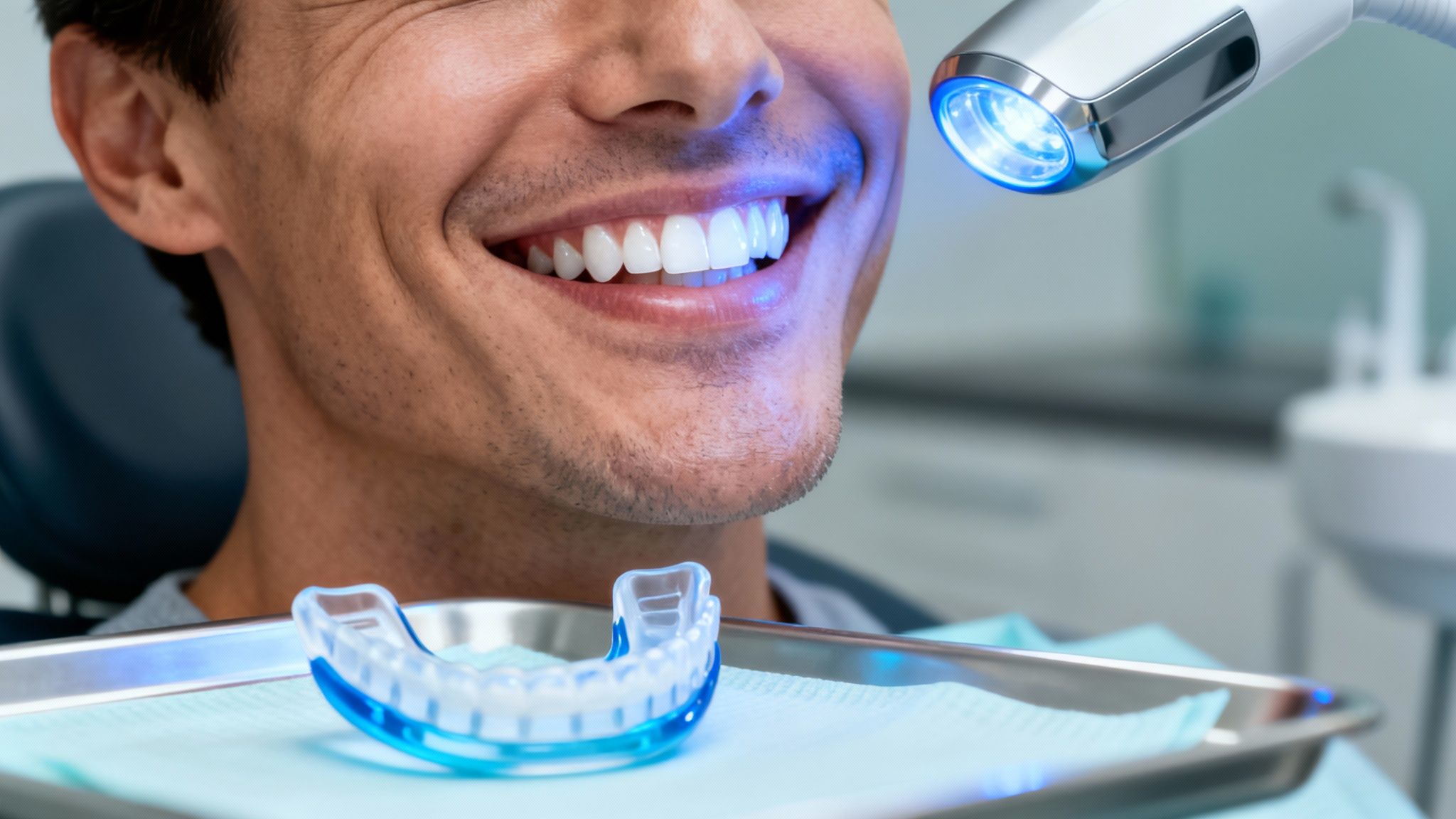Close-up of a smiling man with bright white teeth during a professional teeth whitening procedure.