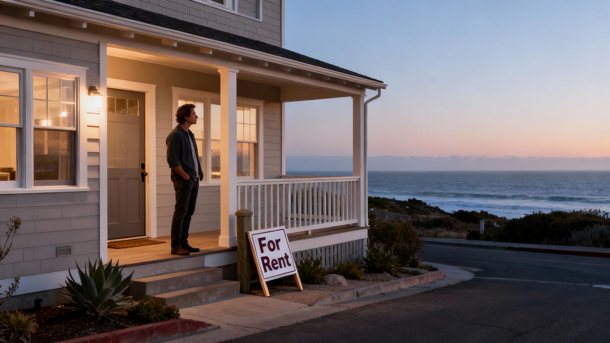 Man on porch of a house with a 'For Rent' sign by the ocean at sunset.
