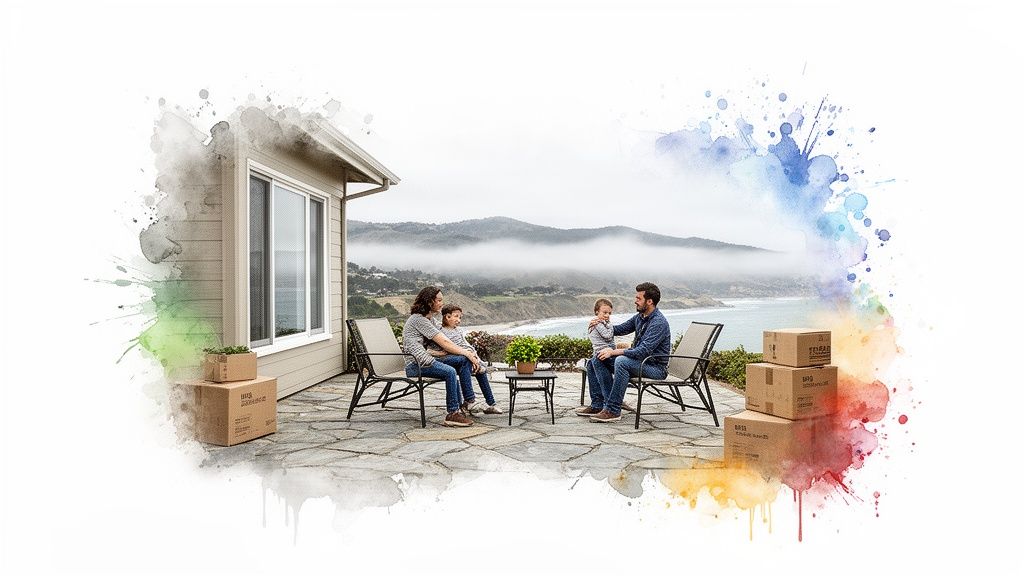 A family on a patio overlooking a foggy coast, surrounded by moving boxes and watercolor splashes.