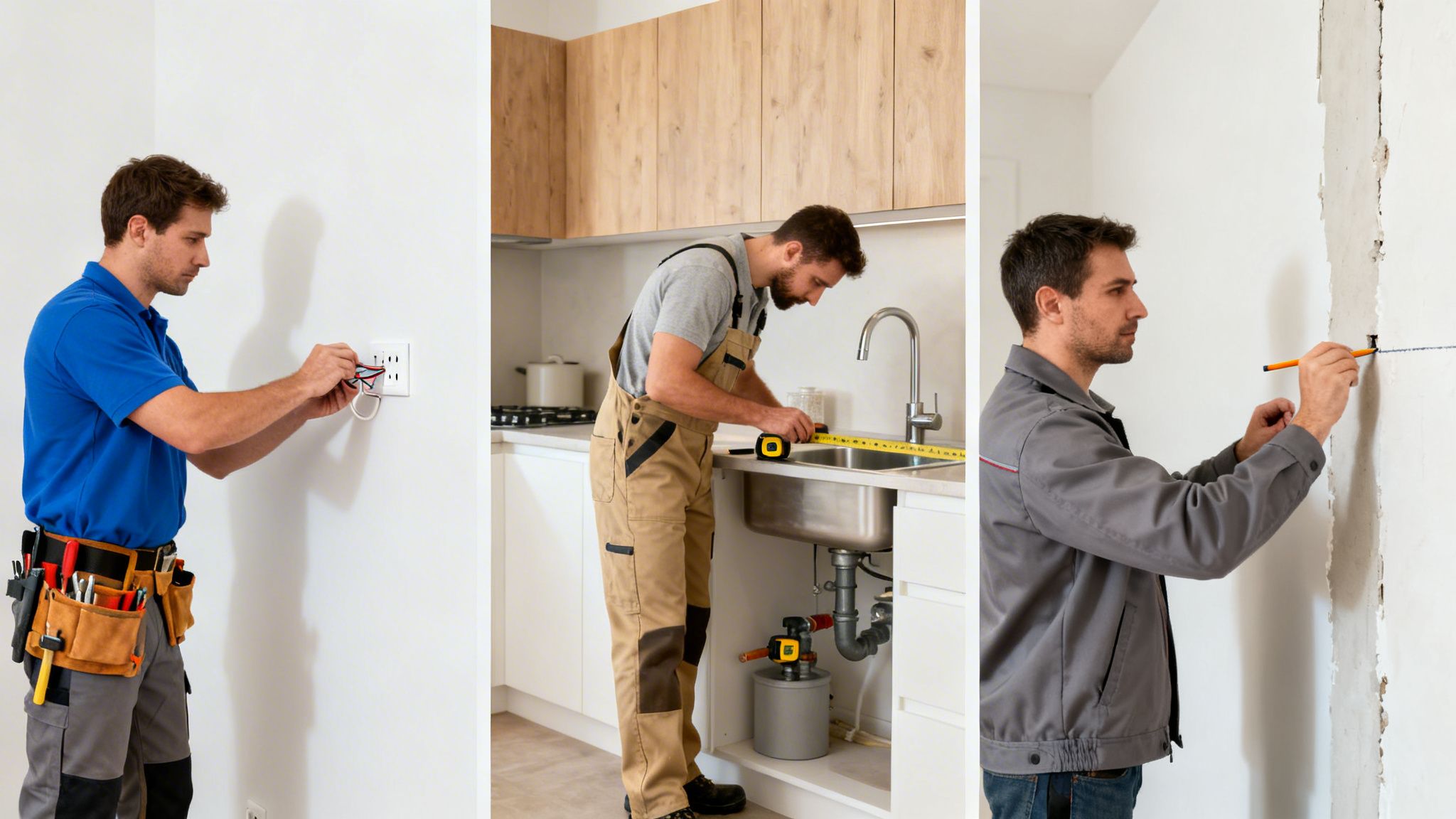 Collage of an electrician, plumber, and construction worker doing home renovation tasks.