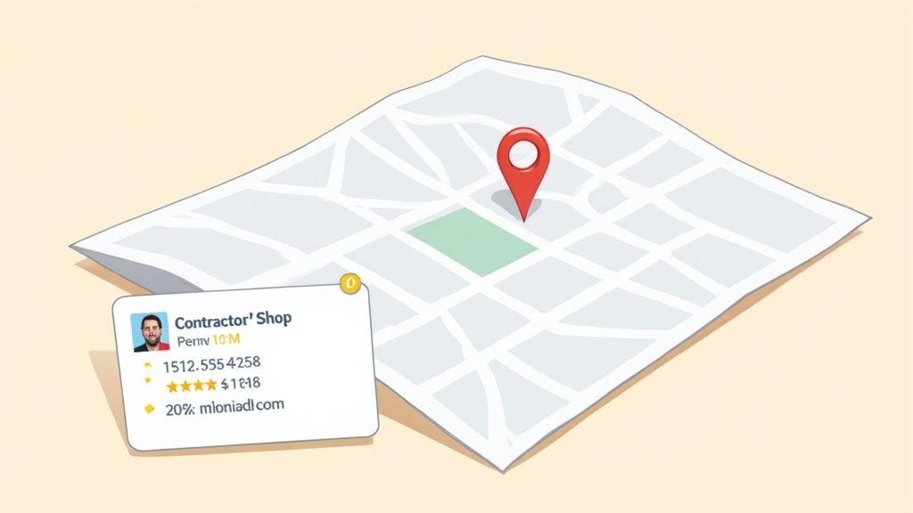 A Google Business Profile for a contractor showing business information and customer reviews on a smartphone.