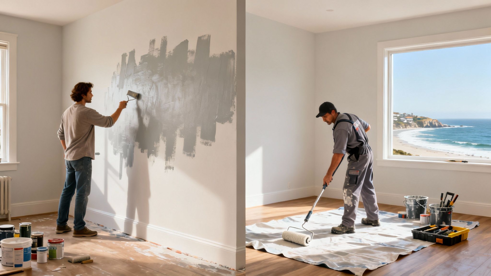 Two men painting rooms: one applying gray paint to a wall, the other preparing to paint a floor.