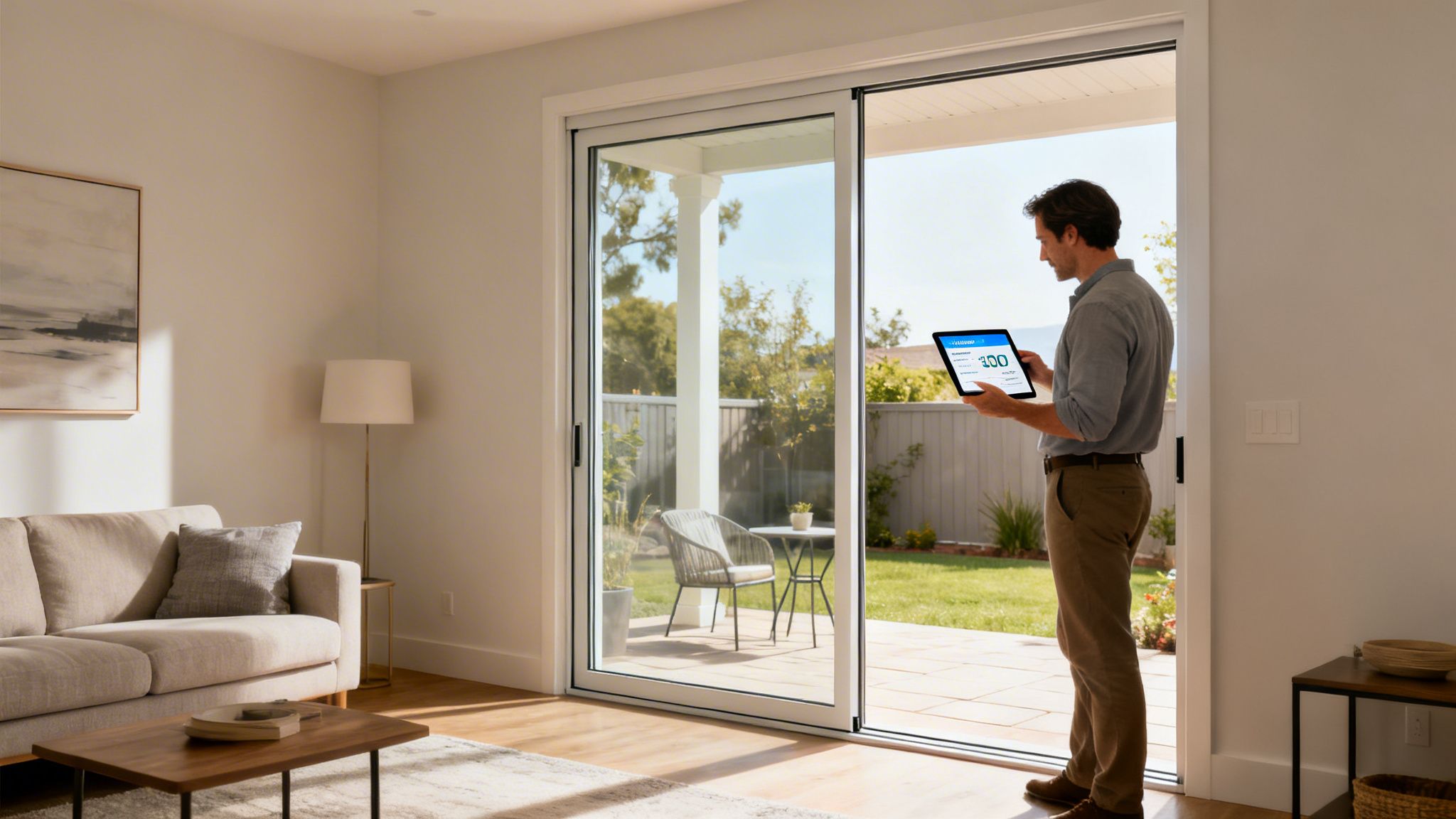 Man checks smart home settings on a tablet by an open sliding glass door leading to a patio.