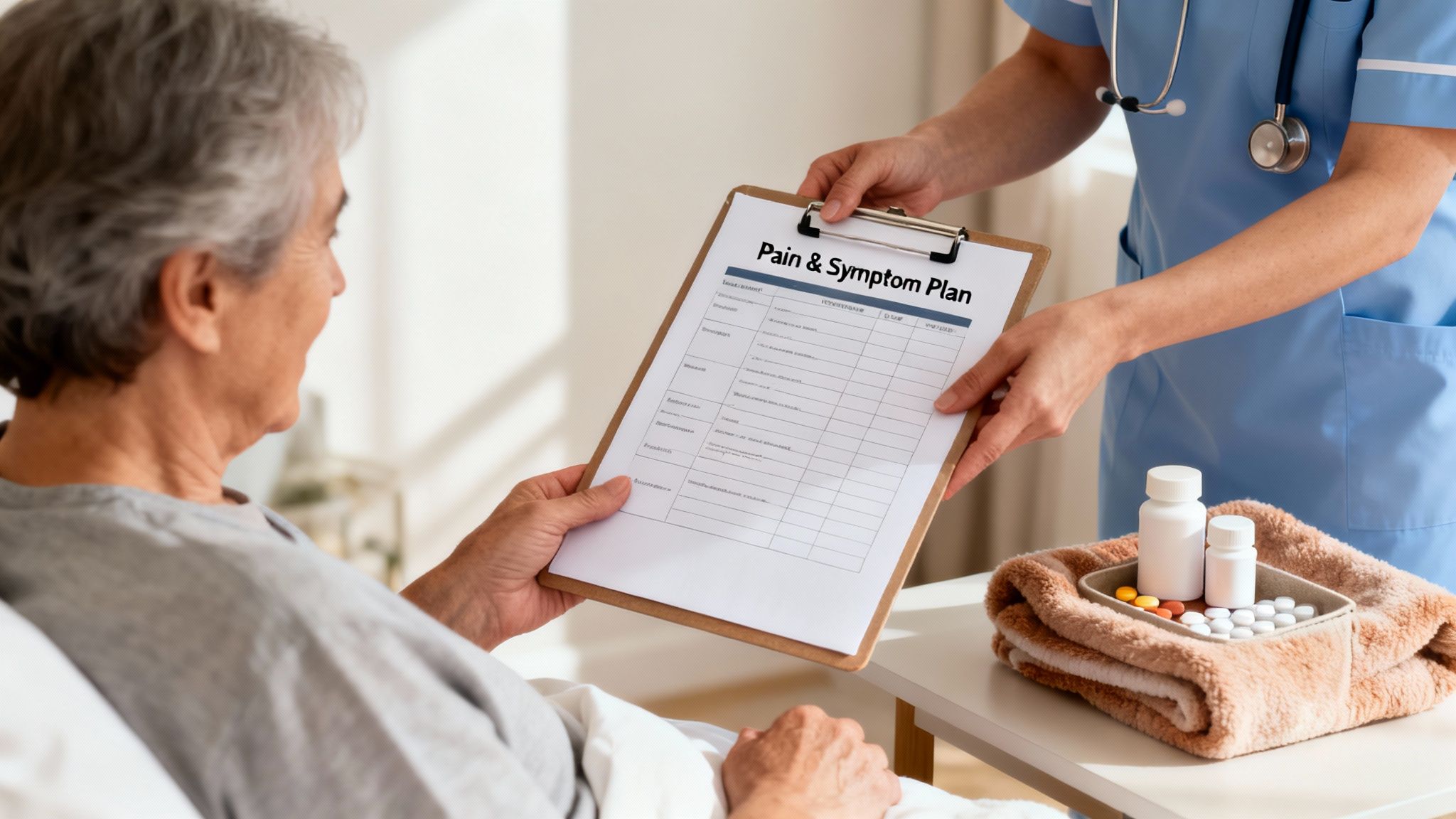Nurse hands a 'Pain & Symptom Plan' to an elderly patient in bed with medication nearby.