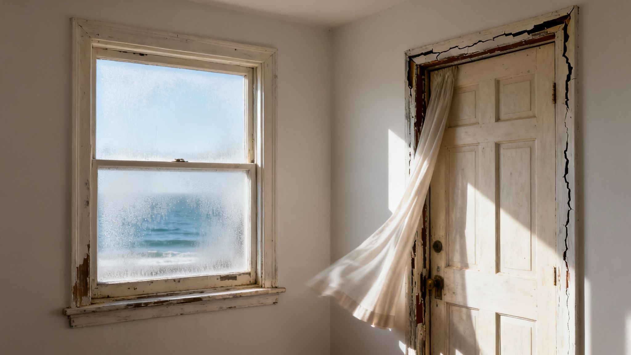 A sunlit room with a weathered window overlooking the ocean and an old door with a blowing curtain.