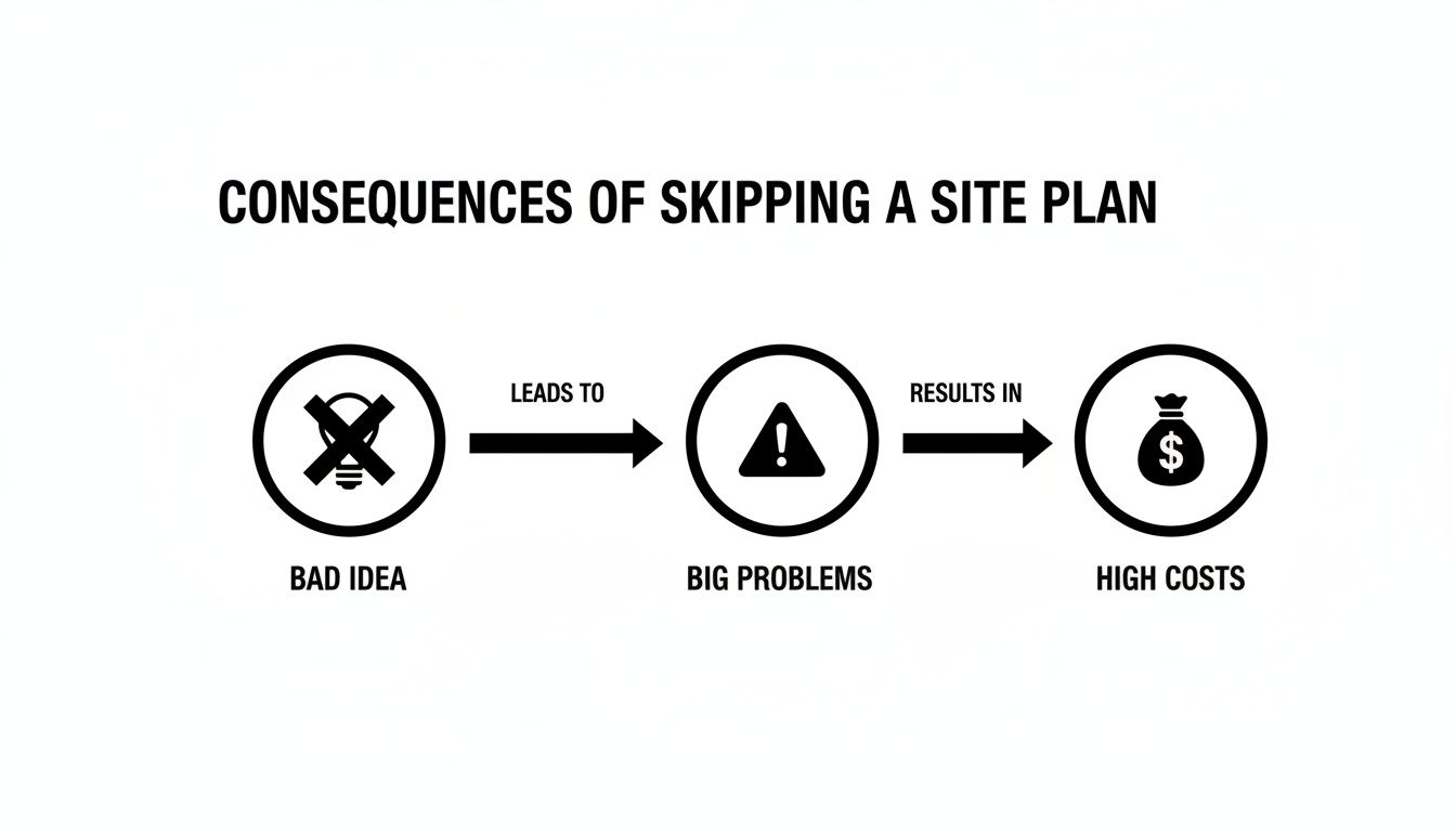 Flowchart illustrating that skipping a site plan leads to bad ideas, big problems, and high costs.