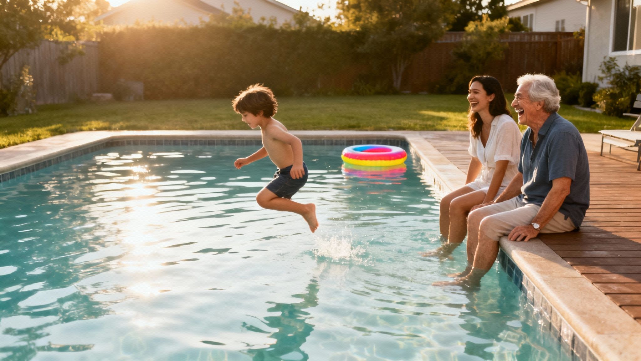 A happy multi-generational family enjoying a backyard swimming pool at sunset, with a boy jumping in.