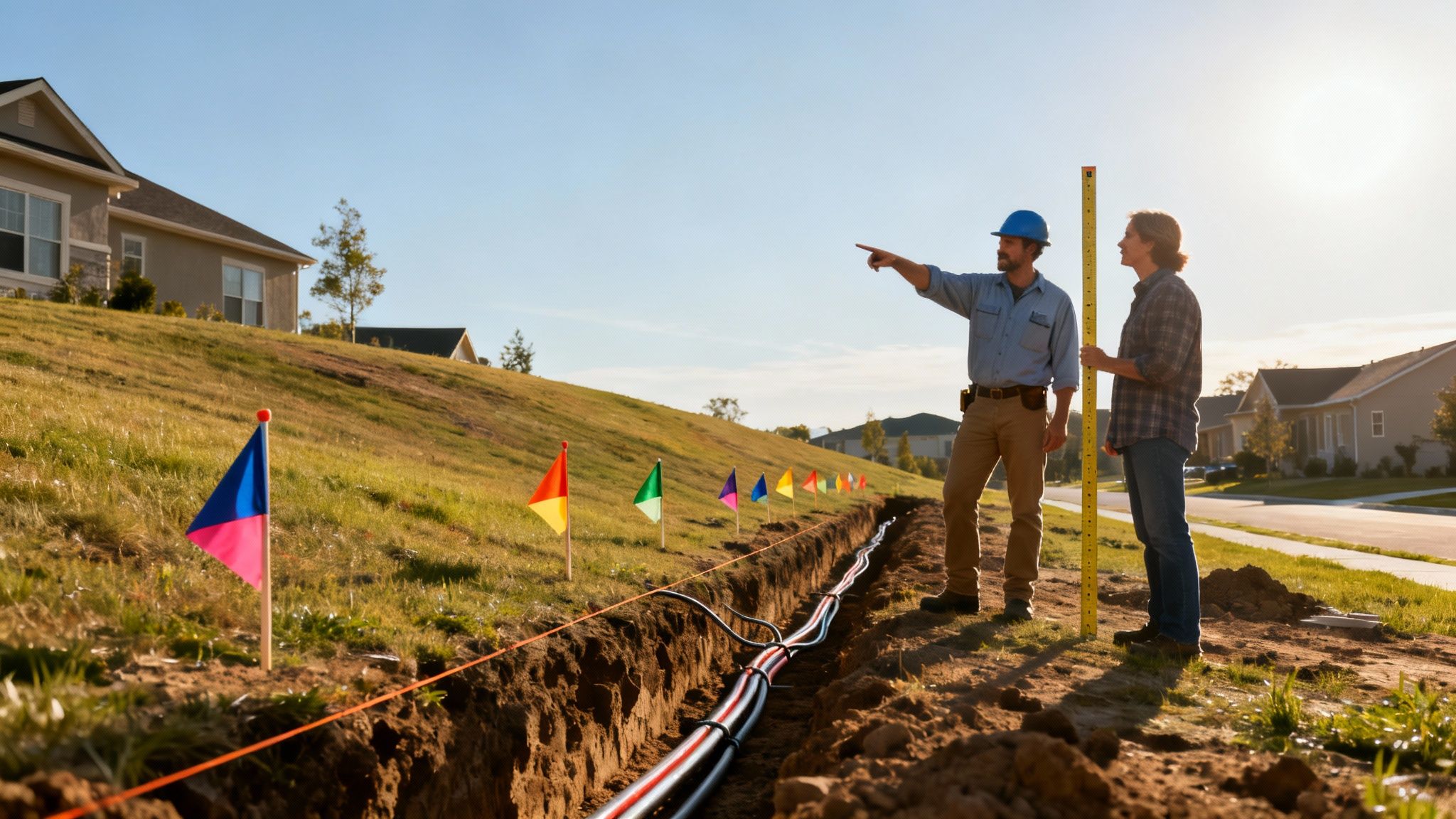 Two construction workers inspect a trench with buried utility lines marked by colorful flags in a residential area.