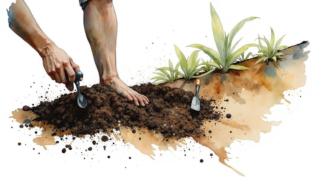 A person spreading fresh mulch around plants in a garden bed.