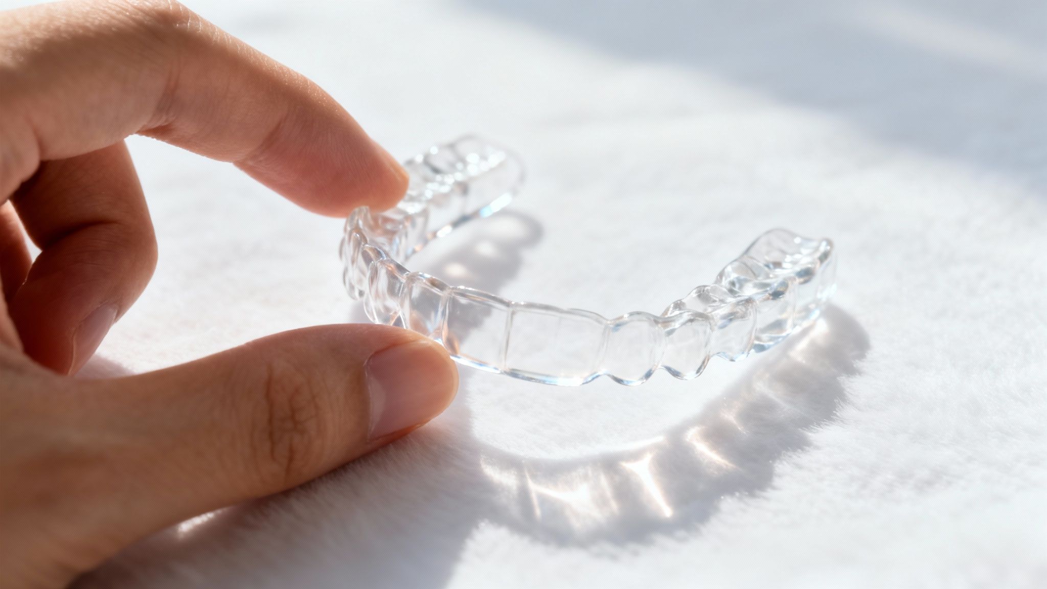 A hand holds a clear dental aligner, an invisible brace, against a white textured background.