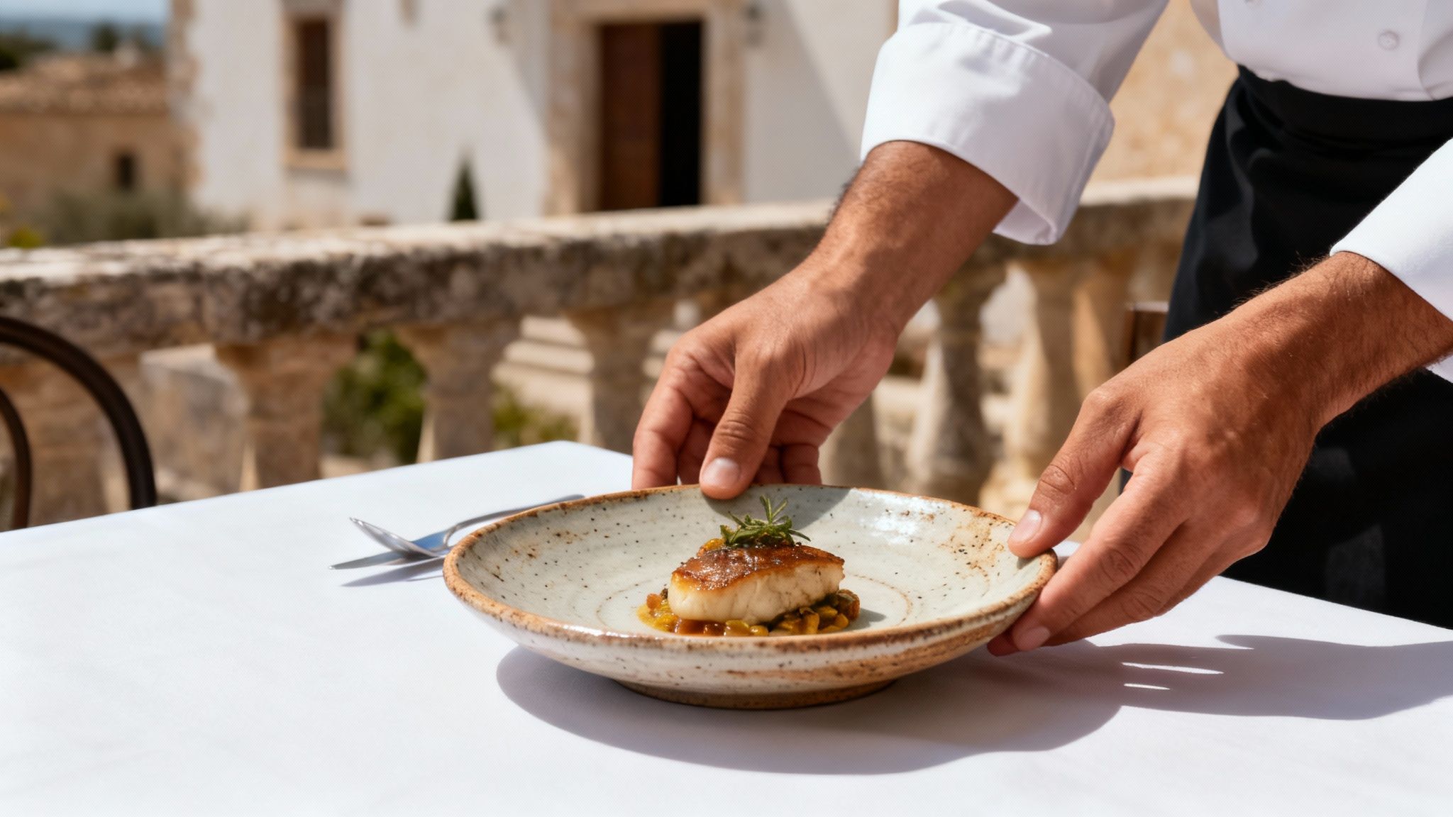 A chef in uniform places a beautifully plated dish of seared fish on an outdoor white table.