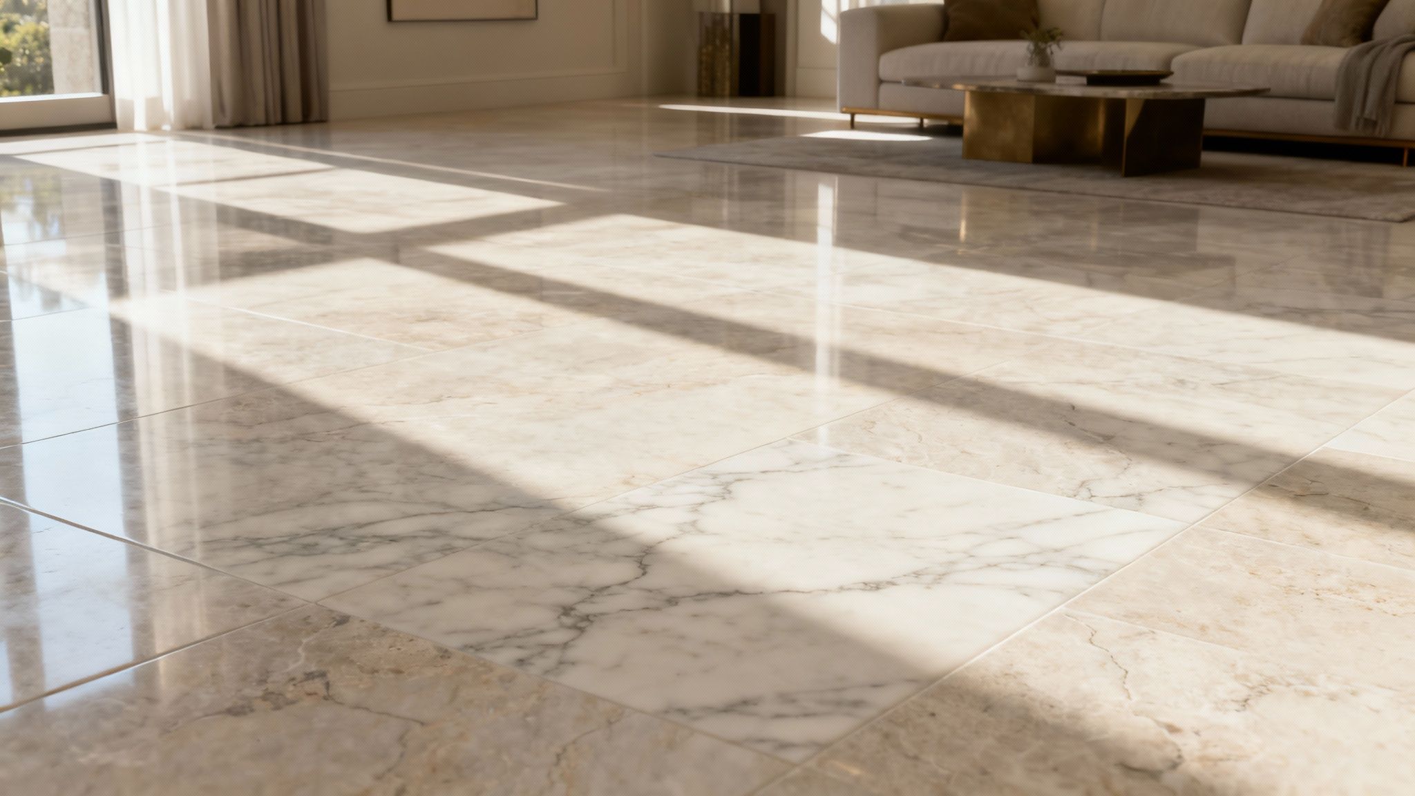 Woman walking barefoot on a beautiful, light-colored stone floor in a sunlit room.