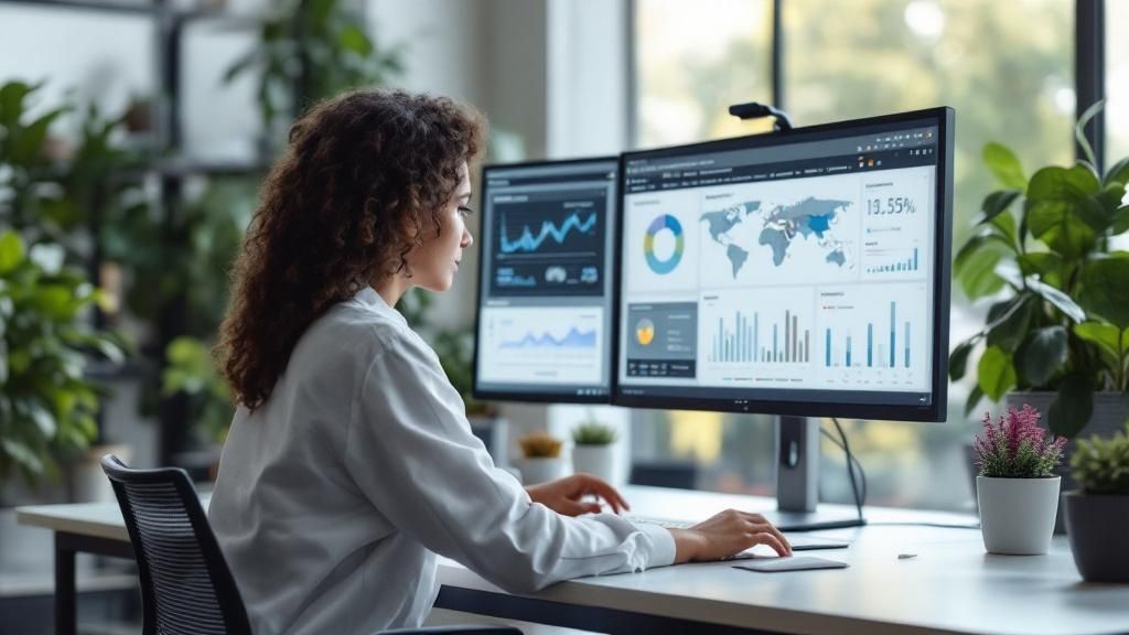 A person working at a desk with multiple monitors displaying data visualizations and graphs, illustrating the role of a Public Health Data Analyst.