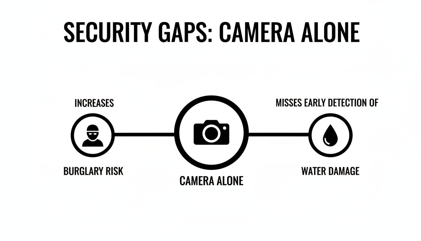 Diagram illustrating security gaps when relying solely on a camera for home monitoring.