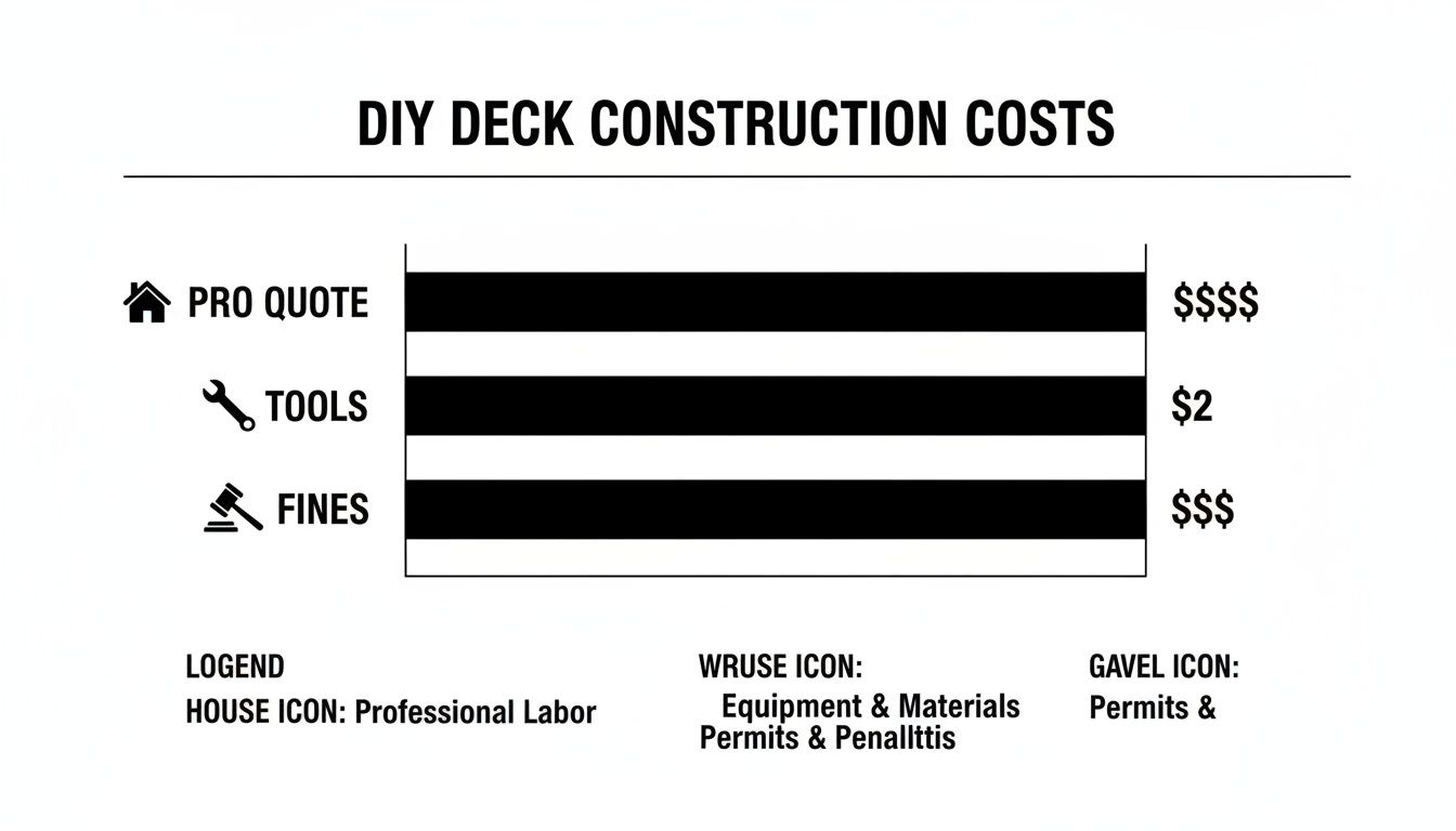 Bar chart illustrating DIY deck construction costs, comparing pro quotes, tools, and fines.