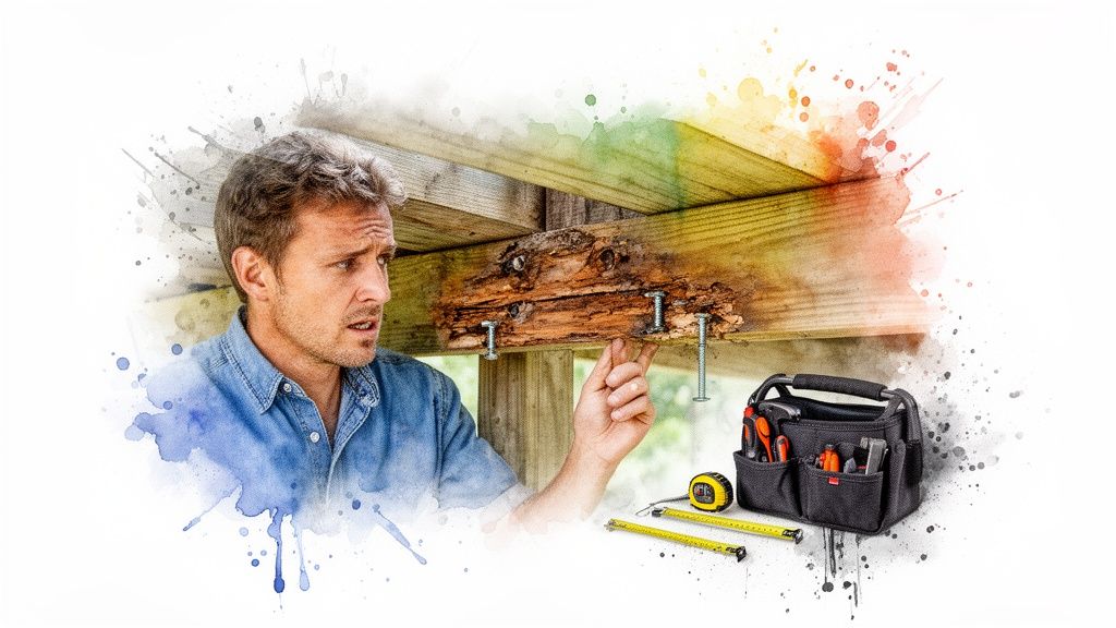 A man inspects severely rotted wooden beams on a deck structure, with tools beside him.