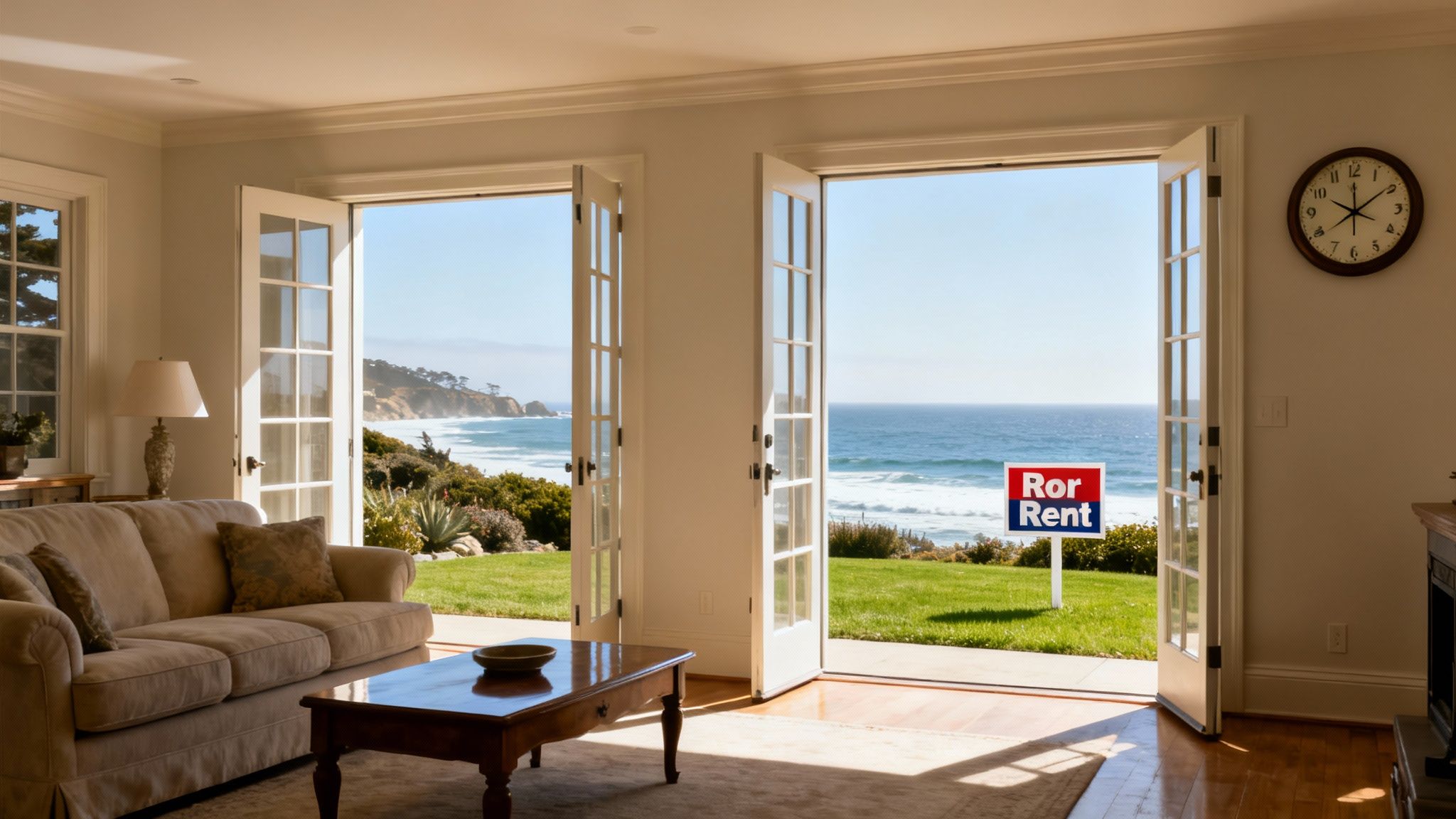 A bright living room with open French doors revealing a stunning ocean view and a 'For Rent' sign.
