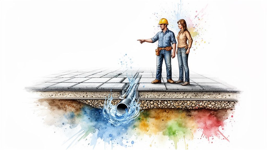 An illustration of a man and woman discussing a patio drainage system with water splashing.