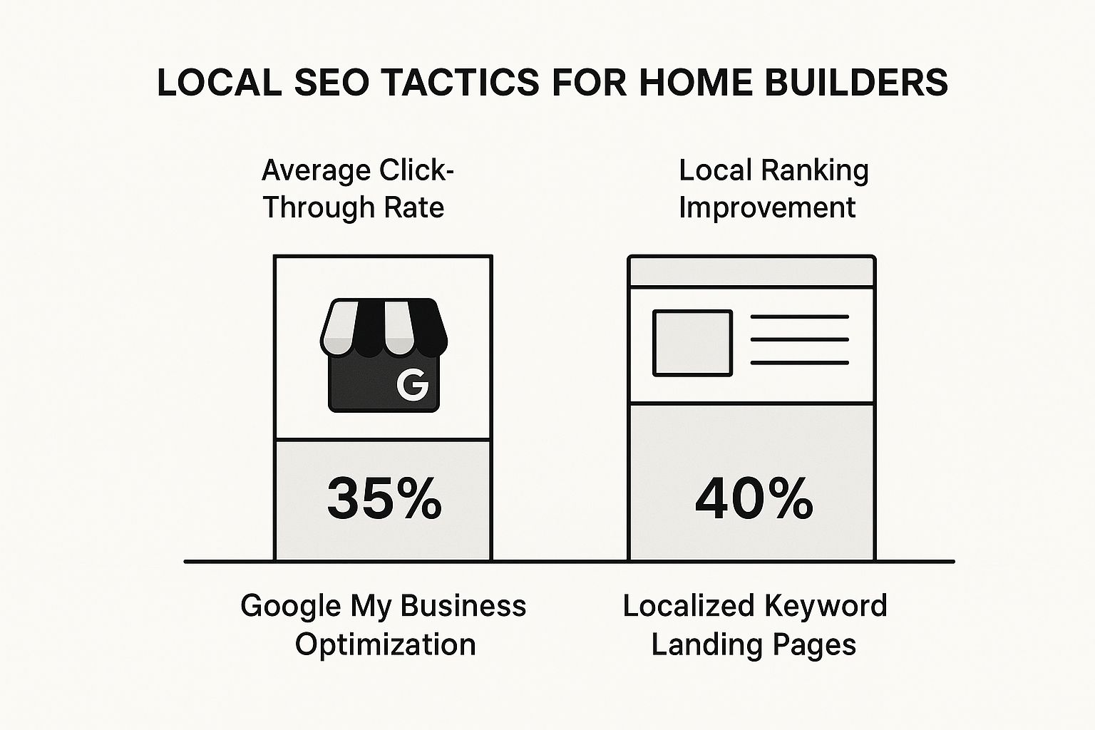 An infographic comparing the effectiveness of two key home builder SEO tactics: GBP Optimization vs. Localized Content Pages.