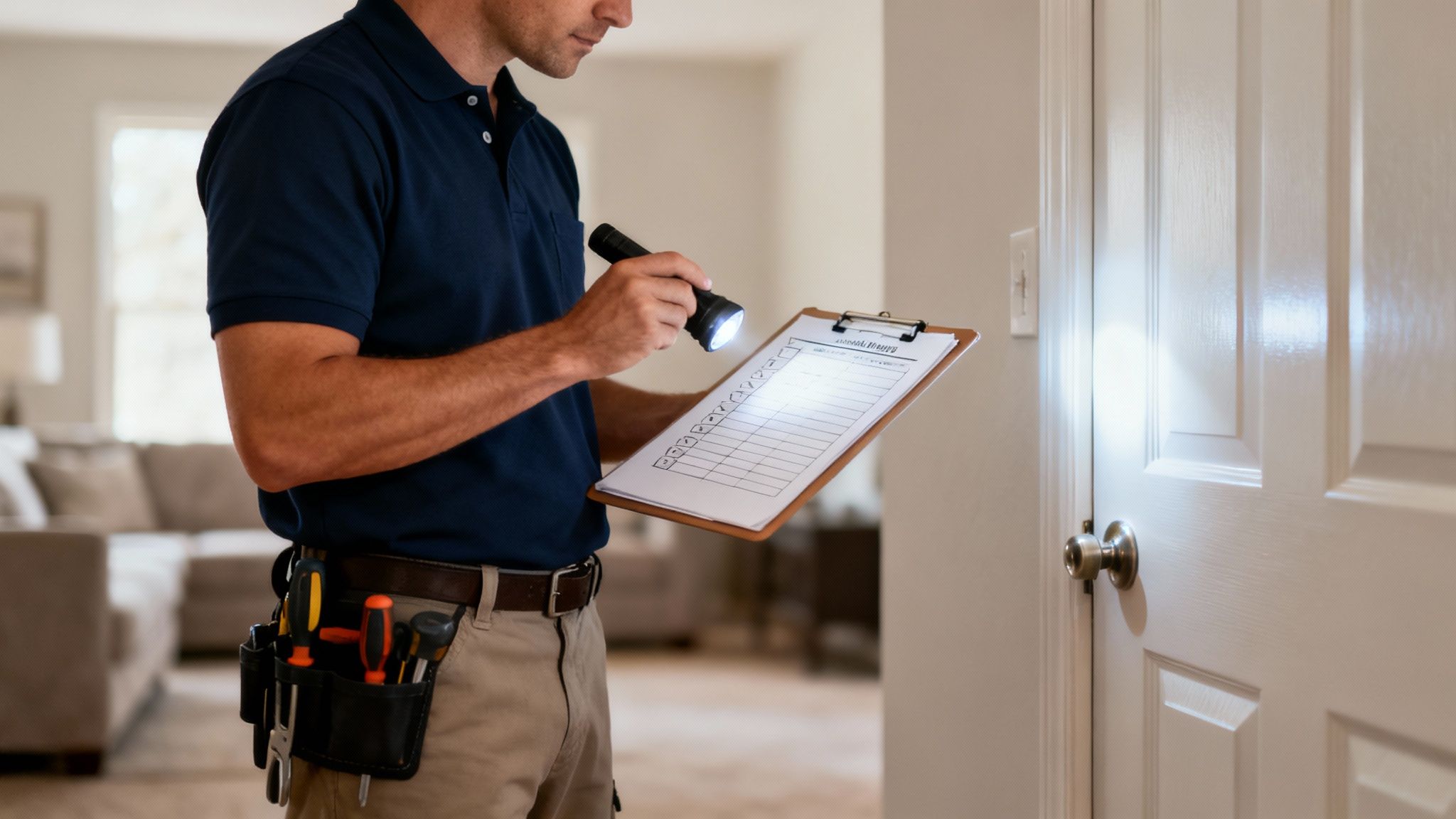 A home inspector examining a property's electrical panel with a flashlight, highlighting the importance of professional pre-rental inspections.