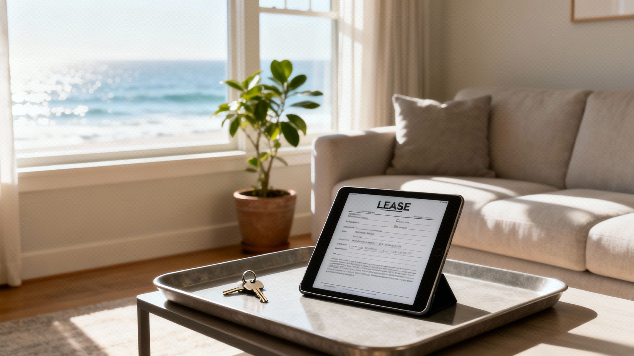 Digital lease agreement and keys on a tray in a sunny room with an ocean view.