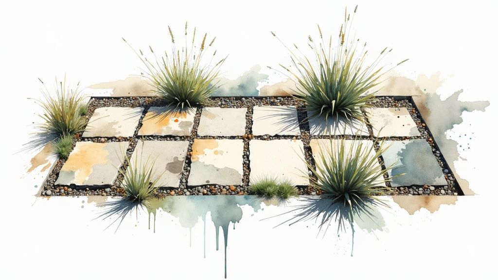 A watercolor illustration of square paving stones with gravel gaps, surrounded by ornamental grasses and paint splatters.