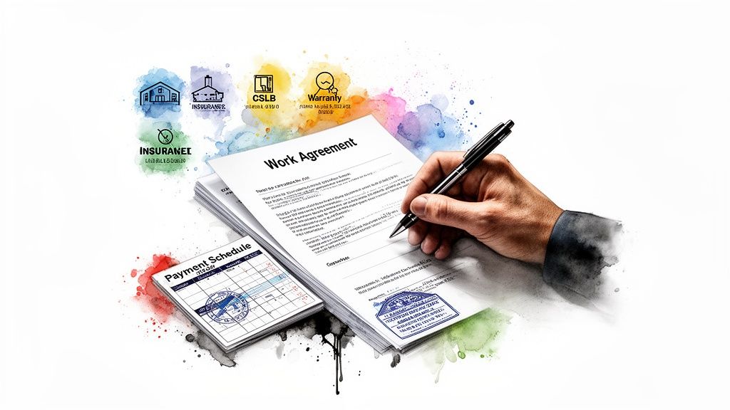 A hand signs a work agreement and payment schedule, surrounded by contractor service icons like insurance and warranty.