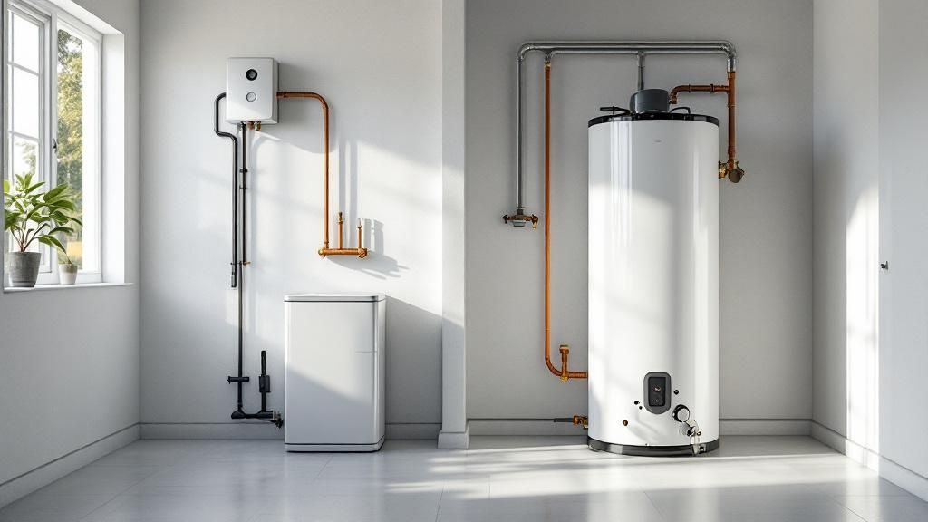 A plumber working on a water heater in a basement