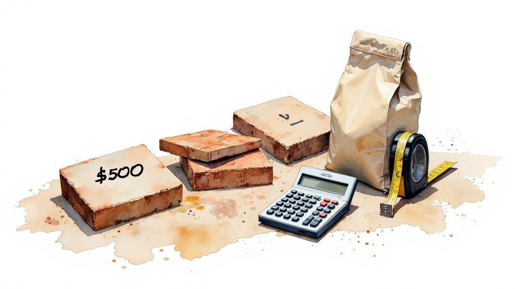An illustration depicting construction tools and materials including bricks, a calculator, and a tape measure, with $500 visible.