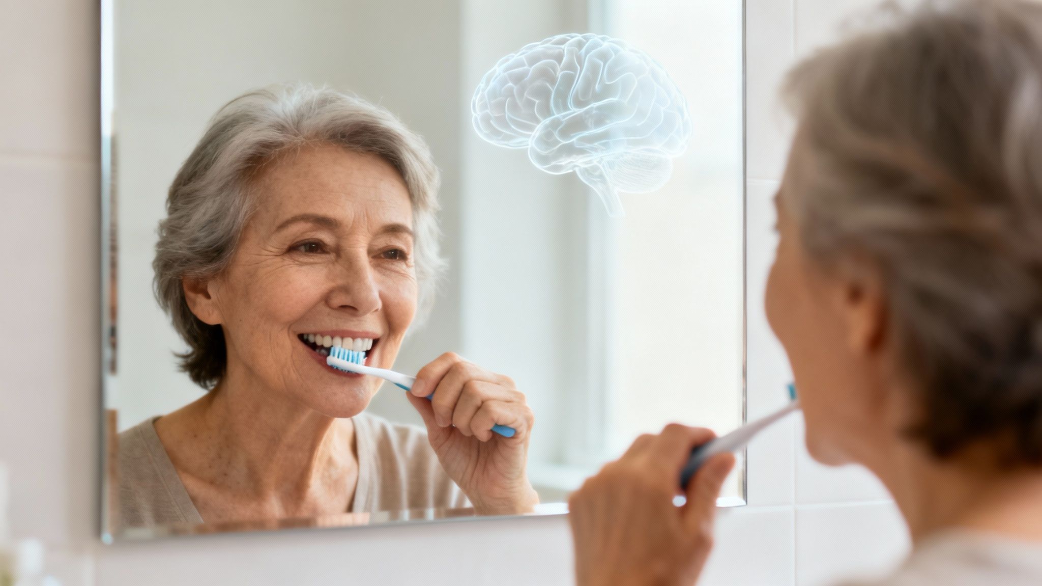 Smiling senior woman brushes her teeth, reflected in a mirror with a glowing brain overlay.