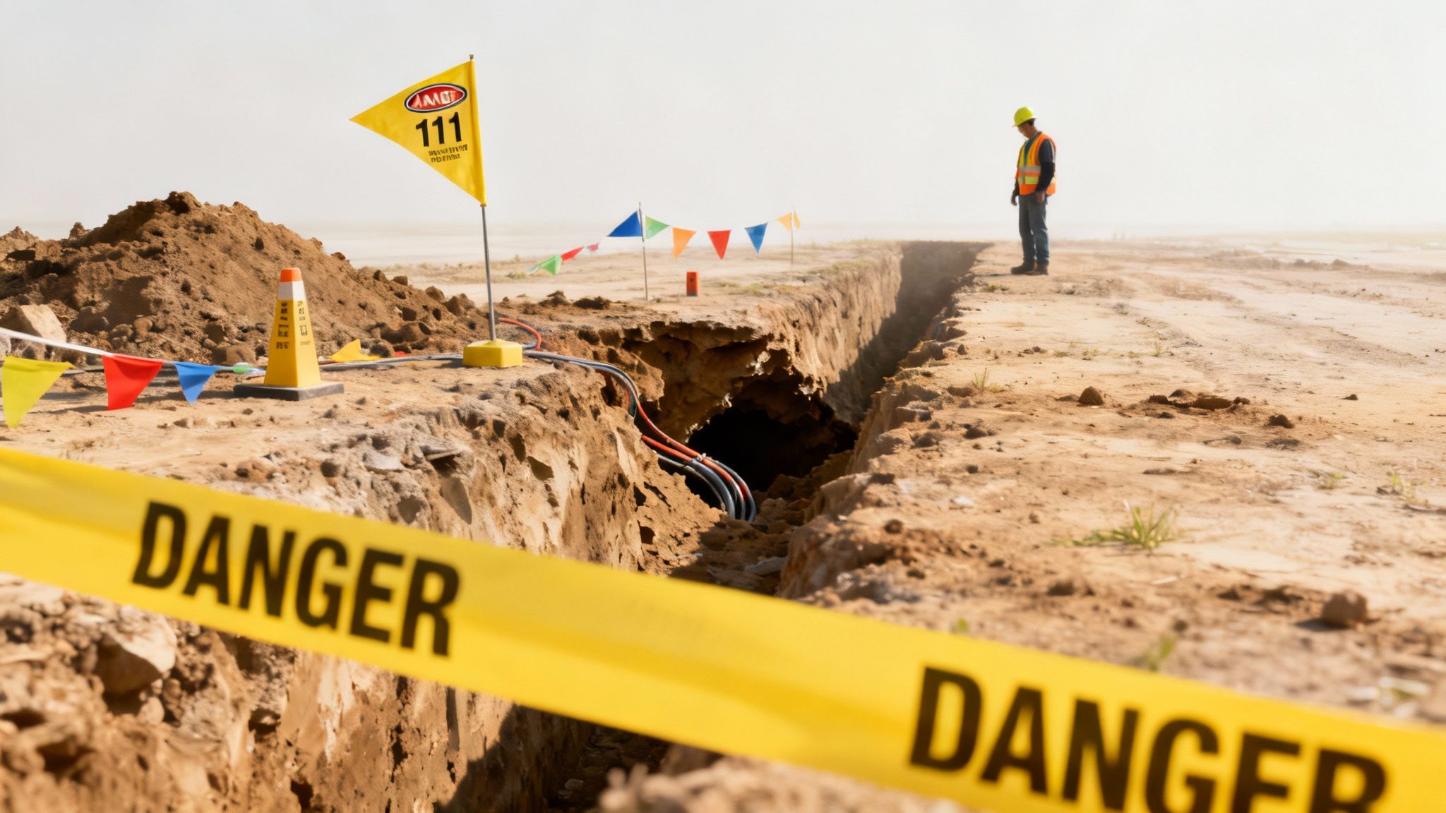 Can I Install a New Water Main Myself Without a Contractor? 2 A construction worker in safety gear oversees a deep trench with exposed pipes and safety warnings.