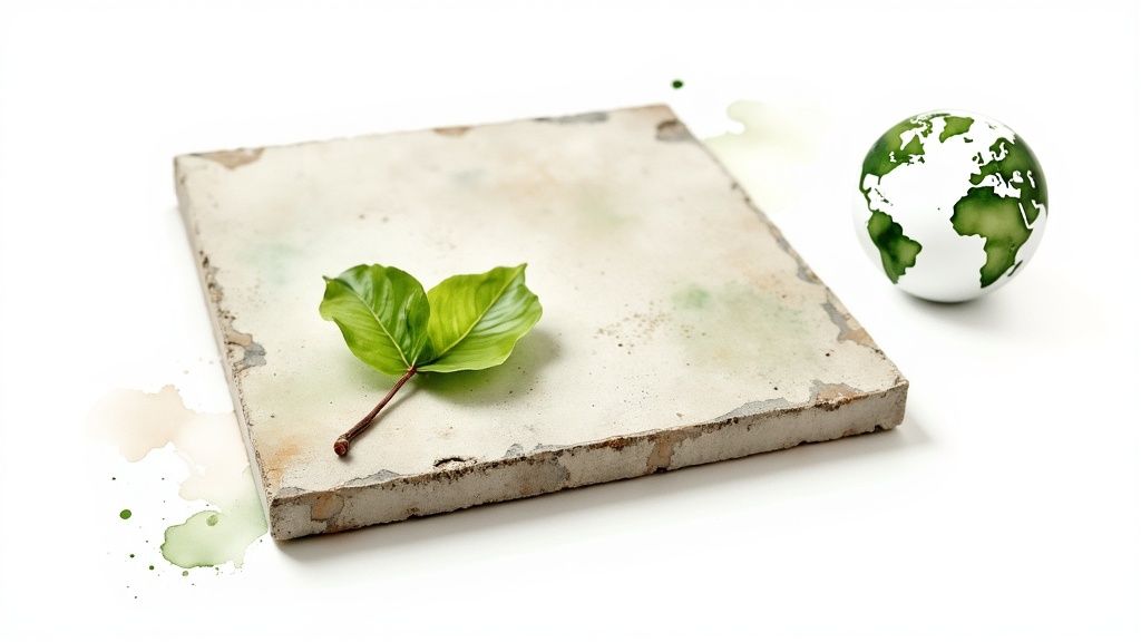 A green leaf and a globe symbolize nature and sustainability on a textured stone surface.
