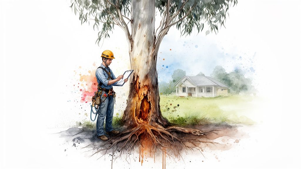 Arborist in hard hat inspecting a damaged tree with exposed roots and hollow trunk near a house.