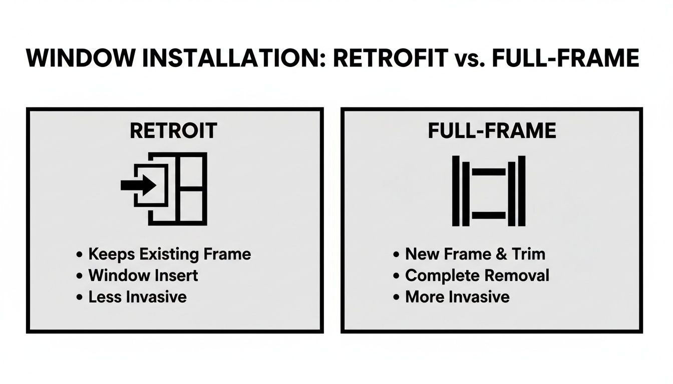 Diagram comparing retrofit and full-frame window installation methods with key features.