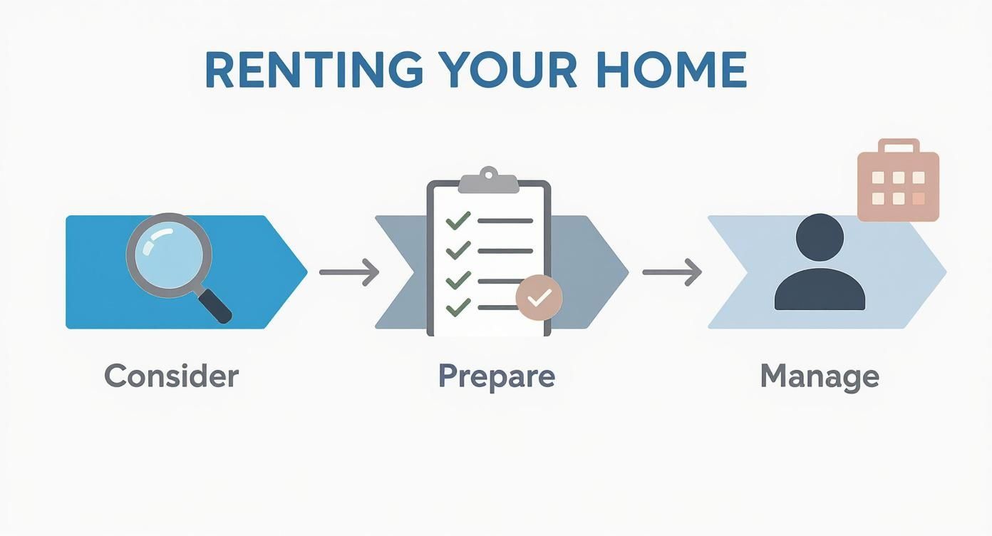 A three-step infographic illustrating the process of renting out your home: Consider, Prepare, and Manage.